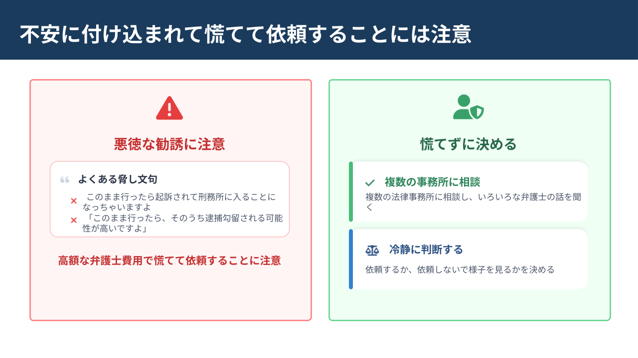 不同意性交罪で在宅捜査を受けている人が不安に付け込まれて慌てて依頼することへの注意点と、複数の法律事務所に相談して決めることの大切さを示した図