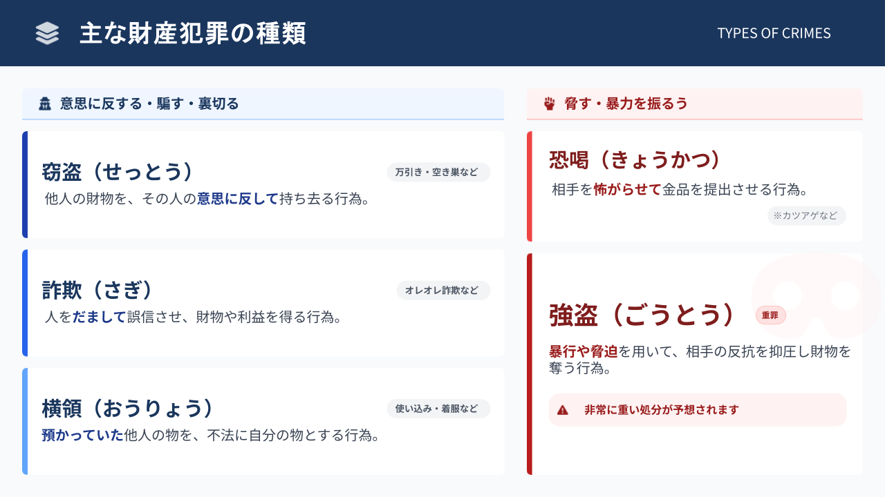 主な財産犯罪の種類を整理した図。窃盗、詐欺、横領、恐喝、強盗の違いを分かりやすく示した図