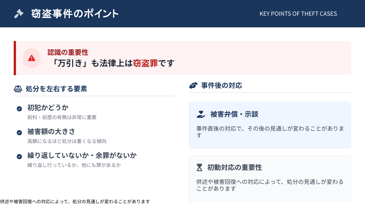 窃盗事件のポイントを解説する図。万引きも窃盗罪に当たり得ること、初犯、被害額、常習性、被害弁償や示談などの重要性を整理した図
